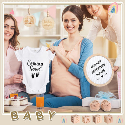 Canlierr 8 Pcs Pregnancy Announcement Set Pregnancy Reveal Ideas Include Felt Letter Round Board Kit Baby Bodysuit Booties Wood Blocks Wooden Signs for Coming Soon Baby Announcement(White)