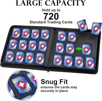 GEAoffice 12 Pocket Trading Card Binder for 720 Cards, Sturdy PU Cover Side Loading Zipper Card Collection Binder Album for MTG, TCG, Game & Sports Cards, Ringless, Non-PVC, Red