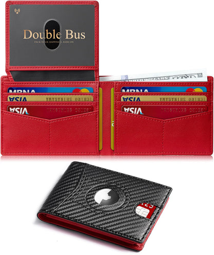 Wallet for Men Slim RFID Blocking Bifold Carbon Fiber,Minimalist Small Compact Front Pocket Credit Card Holder,Thin Mens Leather Wallets Smart Security With 2 ID windows 1 Cash (Black & Red)