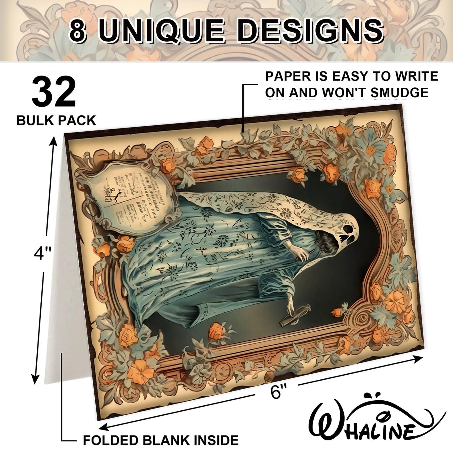 Whaline 32 Pack Halloween Greeting Cards with Stickers Envelopes Vintage Pumpkin Black Cat Skull Blank Note Cards for Trick or Treat Invitation, 4 x 6 Inch