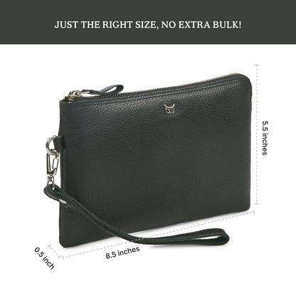 Wise Owl Accessories Genuine Leather Wristlet Wallet for Women Clutch Handbag Purses for Cell Phone Keys Coins Credit Card Slots (Black Nappa)
