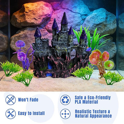 Aquarium Resin Castle Decor with 7 Pcs Artificial Plastic Plants, Fish Tank Decorations Accessories Set Landscaping Ornaments for Betta Guppies Shrimp Hideout Cave