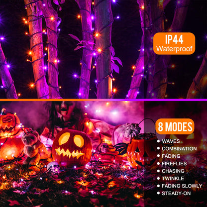 kemooie 164 FT 250 LED Halloween Lights, Black Wire Plug in Fairy Lights with Timer Function, Waterproof String Lights with 8 Modes for Outdoor Halloween Party Porch Patio Garden Decoration