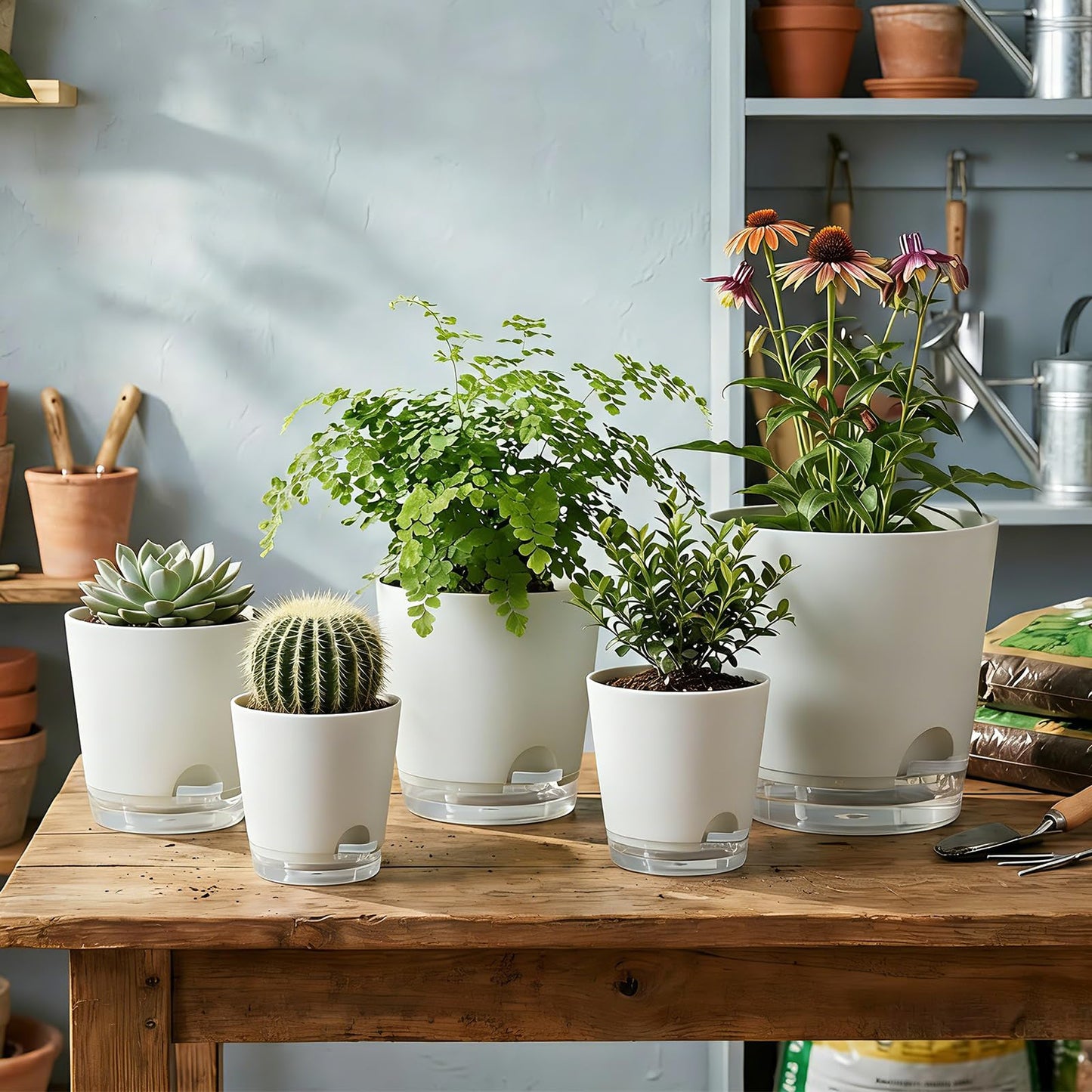 GARDIFE 2026 Upgraded Self Watering Plant Pots with Drainage Hole, 7/6.5/6/5.5/5/4 Inch Flower Planting Containers for House Plants, African Violet, Flowers, Cactus (White, 7+6.5+6+5.5+5+4 inch)