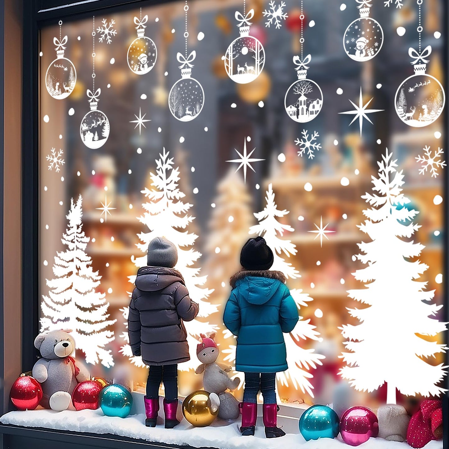 JarThenaAMCS 13.8 * 35.4'' Extra Large Winter Christmas Window Clings 4 Sheets White Xmas Tree Ball Window Stickers Double-Sided Glass Decals for Home Classroom Office Party Decoration