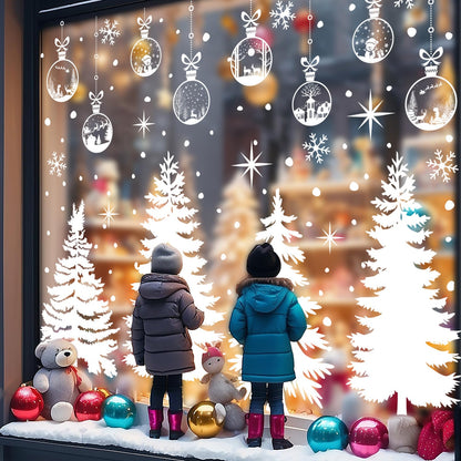 JarThenaAMCS 13.8 * 35.4'' Extra Large Winter Christmas Window Clings 4 Sheets White Xmas Tree Ball Window Stickers Double-Sided Glass Decals for Home Classroom Office Party Decoration