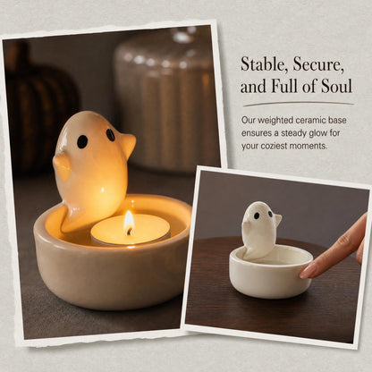 Auxillerron Ceramic Ghost Tealight Candle Holder, Cute Spooky Room Decor for Desk and Nightstand, Kawaii Witchy Aesthetic Small Votive Stand