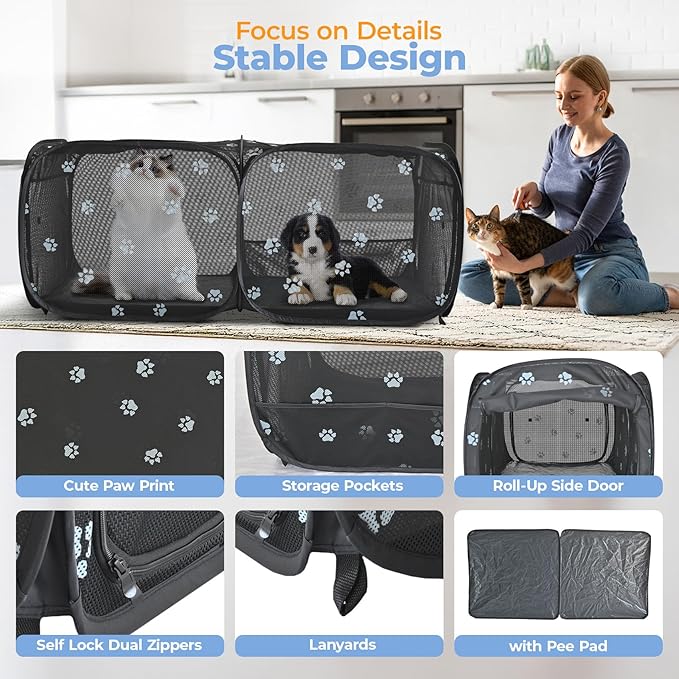 2-in-1 Dog Playpen 46.5''Pop Up Cat Pet Playpen, Assembly-Free Indoor Outdoor Kitten Enclosure, Breathable Cat Cage Portable Puppy Tent Crates,Spacious Kennel for Small Animals, No Confinement Feel(S)