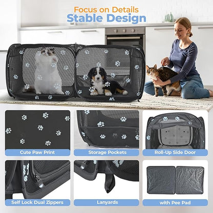 2-in-1 Dog Playpen 46.5''Pop Up Cat Pet Playpen, Assembly-Free Indoor Outdoor Kitten Enclosure, Breathable Cat Cage Portable Puppy Tent Crates,Spacious Kennel for Small Animals, No Confinement Feel(S)