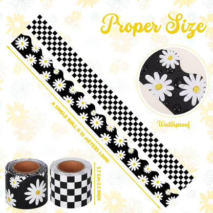 Trandraft 2 Rolls 65.6ft Daisy Checkered Bulletin Board Borders Decoration Black and White Checkerboard Board Borders Strips Summer Daisy Classroom Decor for Back to School Classroom Offices Party