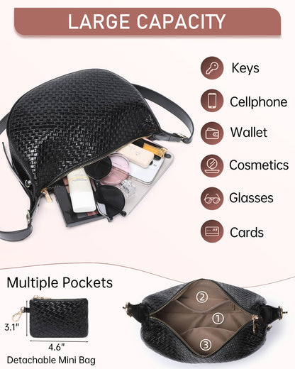 Purses for Women Woven Crescent Shoulder Bag 2PC Vegan Leather Hobo Crossbody Handbag with Small Matching Bag