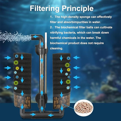 Carefree Fish Aquarium Filter Sponge Fish Tank Quiet Bubble Filter with 4 Sponges and 1 Bag of Filtered Ceramic Balls for Salt Water and Fresh Water(not Included Air Pump)