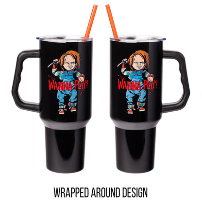 Silver Buffalo Chucky Holding Knife Wanna Play Spooky Scary Double Walled Stainless Steel Tumbler with Handle and Straw, Fits in Standard Cup Holder, 40 Ounces