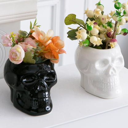 Tanvecle 2 Pcs Skull Planter Pots, Skeleton Vase/Bowl for Flowers, Succulent, Cactus and Candy, for Gothic Home Office Desk, Halloween and Day of The Dead Decorations - White and Black