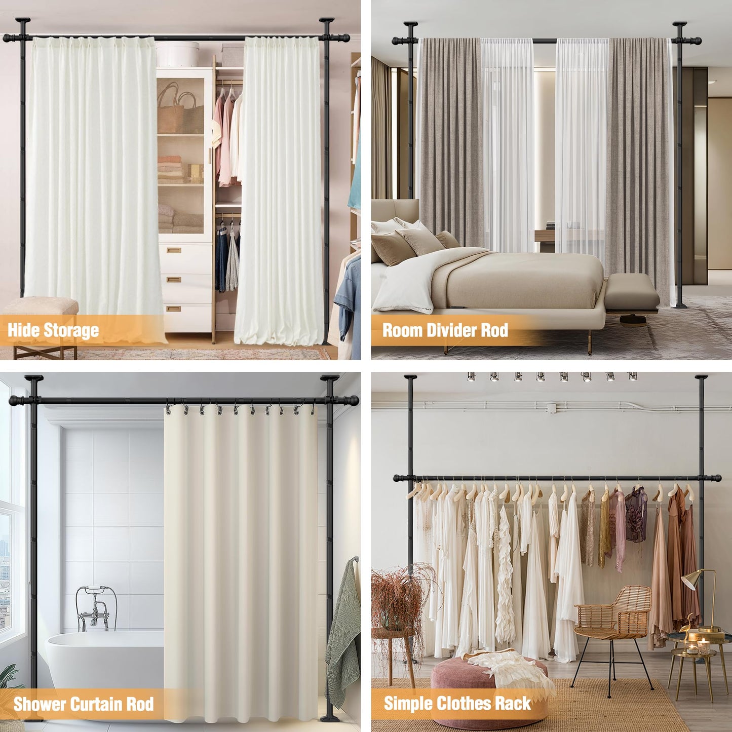 AKTOP Room Divider Curtain Rod, No Drilling Privacy Room Separator for Space Partition, 4-11ft(H) 28-117”(W) Adjustable Heavy Duty Floor to Ceiling Wall Divider Tension Rod for Room Separation, Black