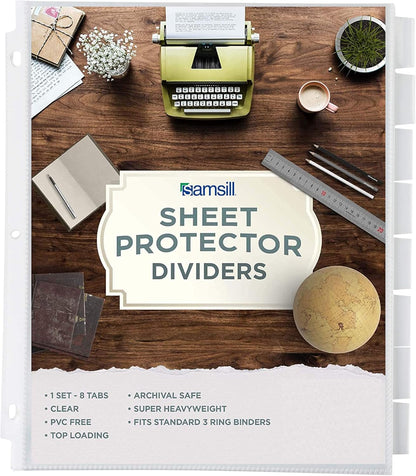 Samsill Sheet Protector Dividers, 8.5 x 11 Inch Page Protectors for 3 Ring Binder with Pockets, Super Heavy Duty, 8 Binder Dividers with Tabs, Letter Size, Top Loading, Acid Free, 1 Set