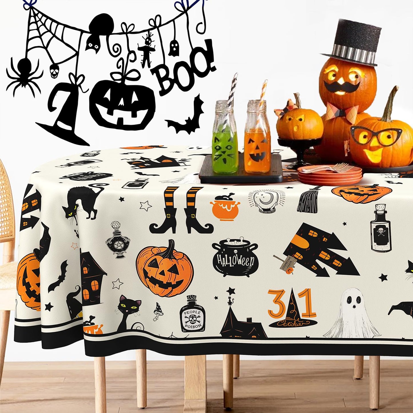 Yighty Oval Halloween Tablecloth 60x84In,Horror Pumpkin Castle Skull Tablecloth,Polyester Waterproof Wrinkle-Resistant and Durable Table Cloth,Suitable for Halloween,Parties,Holiday,Kitchens