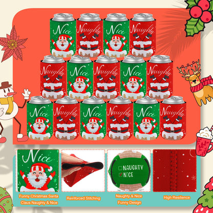 Remerry 24 Pcs Christmas Naughty or Nice Can Cooler Sleeves 12 oz Xmas Neoprene Can Sleeves Santa Pattern Cooler for Beverages Drinking Bottle Christmas Party Favor Decorations