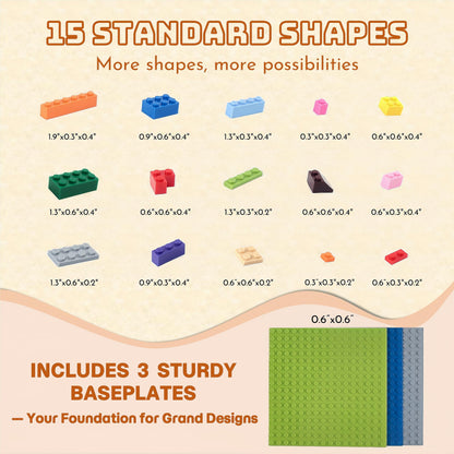 PUZSNAP 500 PCS Building Blocks Set, Compatible Construction Toys with 3 Base Plates (5" × 5") , Educational Creative Bricks for Kids, Ideal Gift, 15 Colors