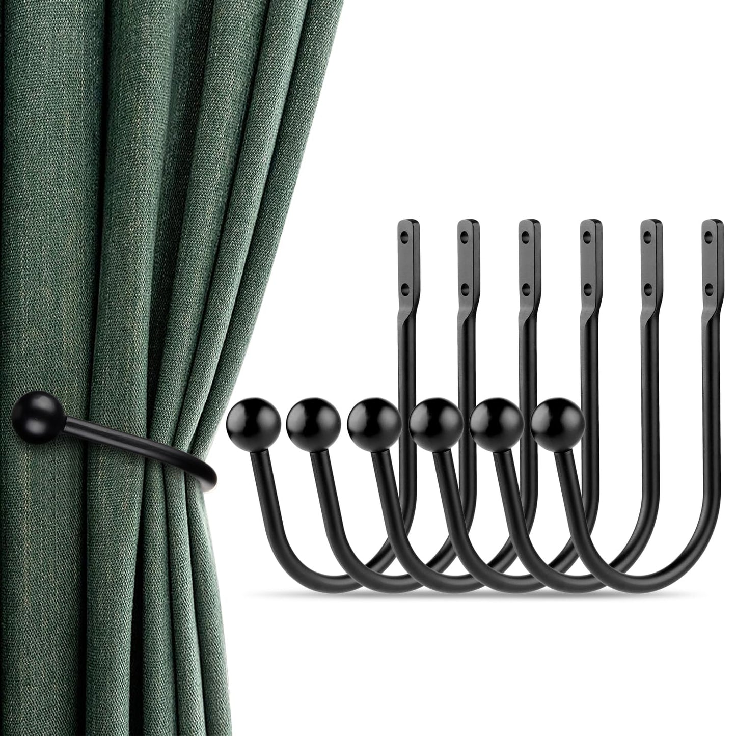 Curtain Holdbacks, 6pcs Curtains Holder Wall Mounted Drapery Tiebacks Retro Window Hook for Home Decor, Matte Black