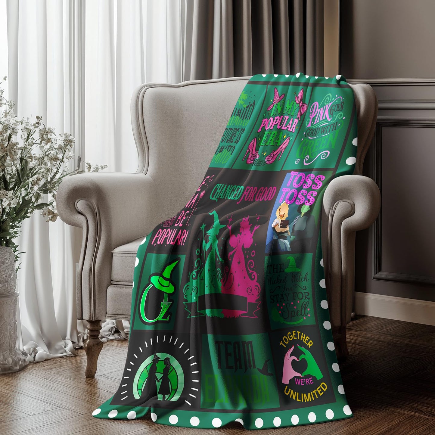 50'' x 40'' Witch Green Vintage Flannel Blanket, Evil Gift Queen Throw Broom, Elphaba Hat Glinda Magic Movie Land Blanket, All Seasons Warm Cozy Soft Blanket for Sofa Bed Halloween Women Fans 1