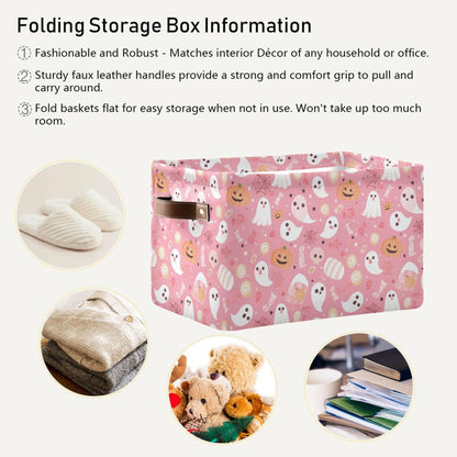 Wamika Halloween Pink Storage Basket with Waterproof Liner and PU Handles Pumpkin Ghost Candy Storage Bins Boxes 14.2" Collapsible Decorative Organizer Baskets for Bedroom Closet Office 1 Pack