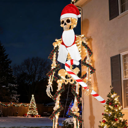 DECYOOL 12 ft Skeleton Santa Outfit, Christmas Skeleton Costume Accessories Set Santa Hat Scarf Beard Tinsel Garlands and Inflatable Candy Cane for Outdoor Indoor Garden Props Festival Decor