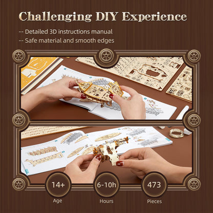 FUNPOLA LED 3D Wood Puzzle Fantasy Airship Model - Steampunk DIY Craft Kit with LED Lights – Intricate Wooden Airship Model Building Set for Teens and Adults(White)