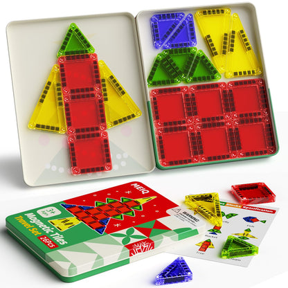 MEIQ Travel Magnetic Tiles for Kids, 26 PCs Mini Magnetic Building Blocks with Festive Iron Storage Box, STEM Travel Toys for Toddlers Ages 3-5+, Educational Learning Gift for Boys & Girls