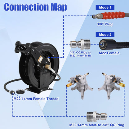 FIXFANS High Pressure Washer Hose Reel for Water/Air/Oil, 3/8" X 50 FT Steel Dual Arm Auto-Retractable Power Wash Hose Reel, Heavy Duty Hose Reel 4000 PSI