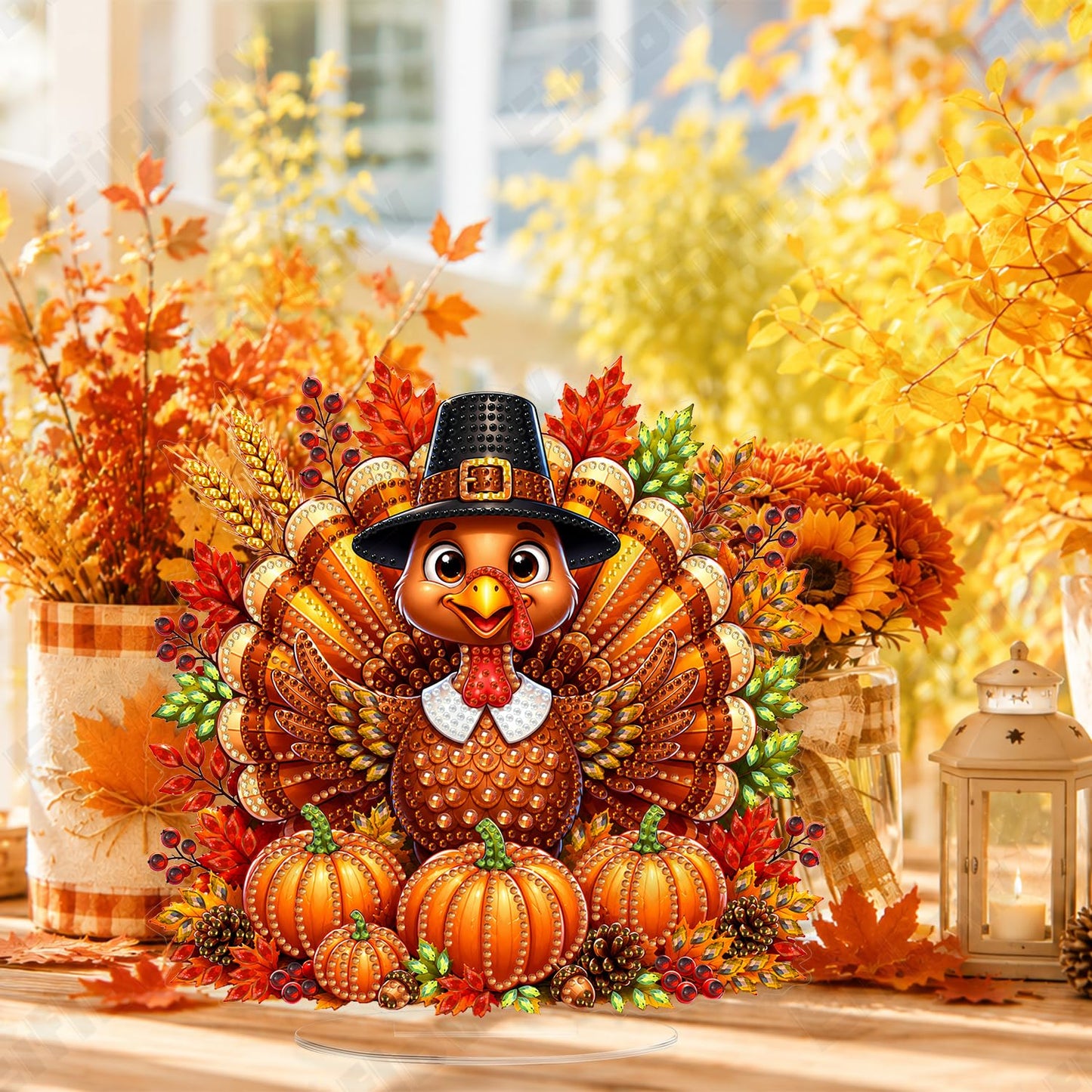 Eiflow Thanksgiving Diamond Art Tabletop Kit for Adults, DIY Desktop Fall Diamond Art Painting with Stand, Acrylic Stand Up Gem Painting Board Kit (Turkey)