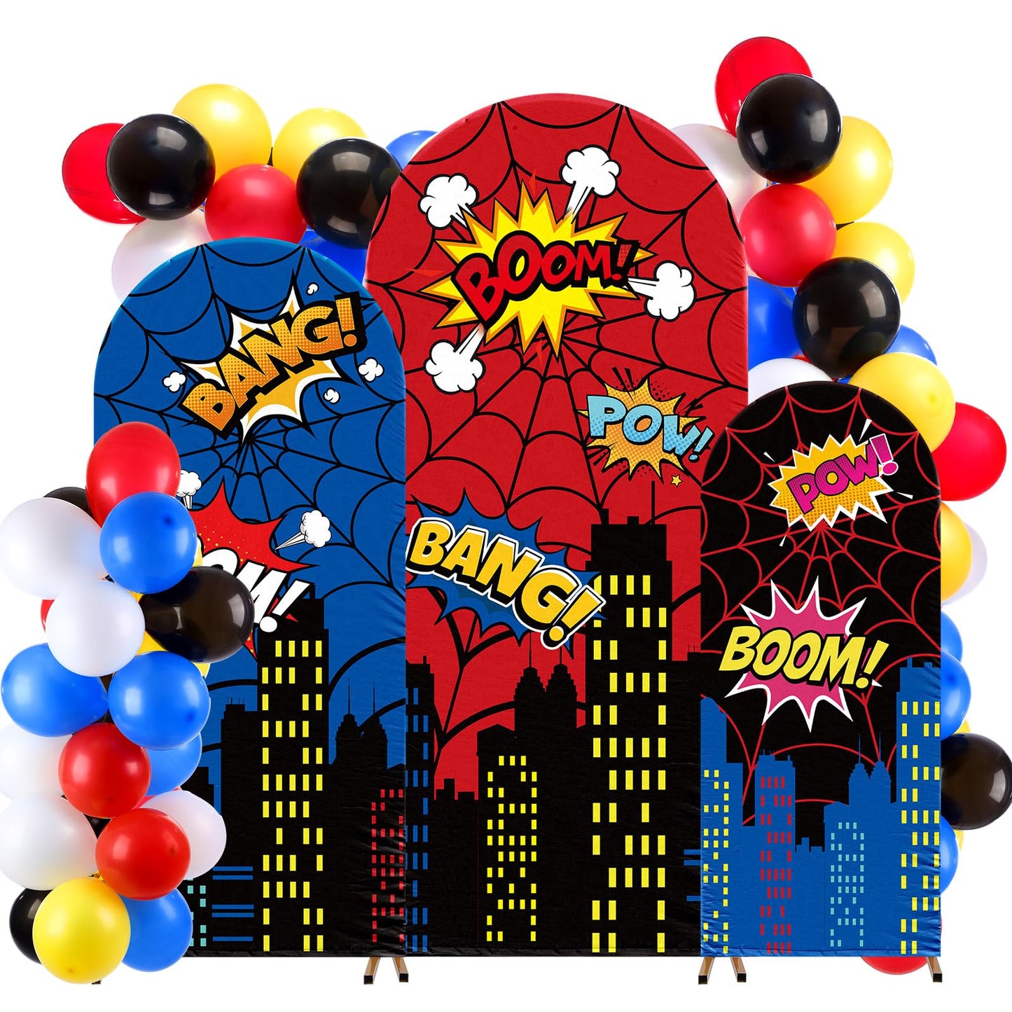Tudomro 3 Pcs Spider Web Arch Backdrop Cover with Balloons Spider Birthday Party Decorations for Photo Props Indoor Outdoor Cosplay Wedding Baby Shower Backdrop Decor