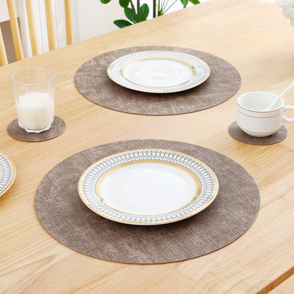 Homaxy Round Faux Leather Placemats and Coasters, Washable Dual-Side Table Mats, Wipeable Heat-Resistant Dining Place Mats for Outdoor and Indoor, Set of 8, Diameter 13 and 3.93 inch, Light Brown
