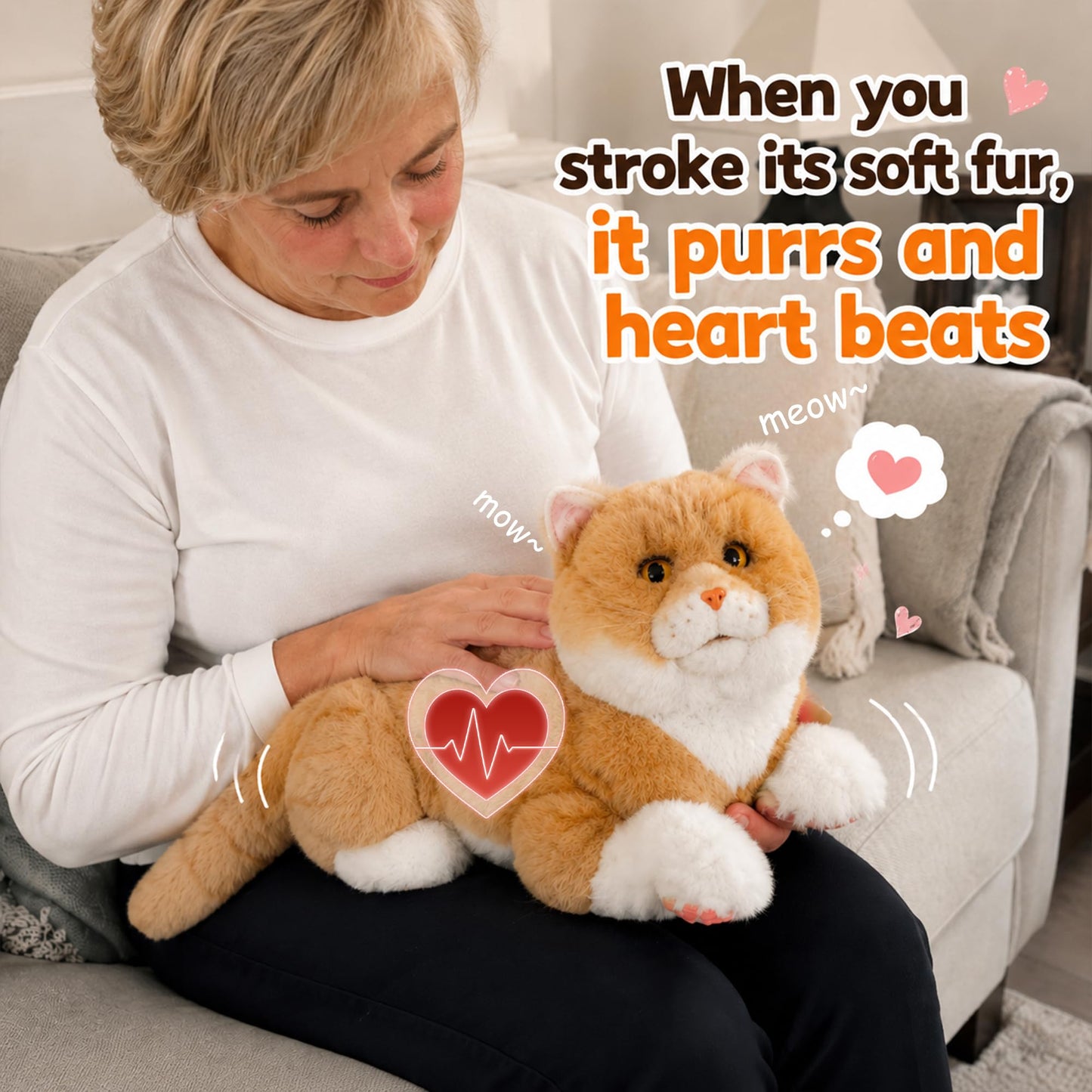 Chongker Interactive Realistic Cat Plush Toy with Sound & Heartbeat, Lifelike Robotic Kitty with Purring, Meowing, Blinking & Moving Head Tail, Custom Name Feature, Companion Gift for Seniors