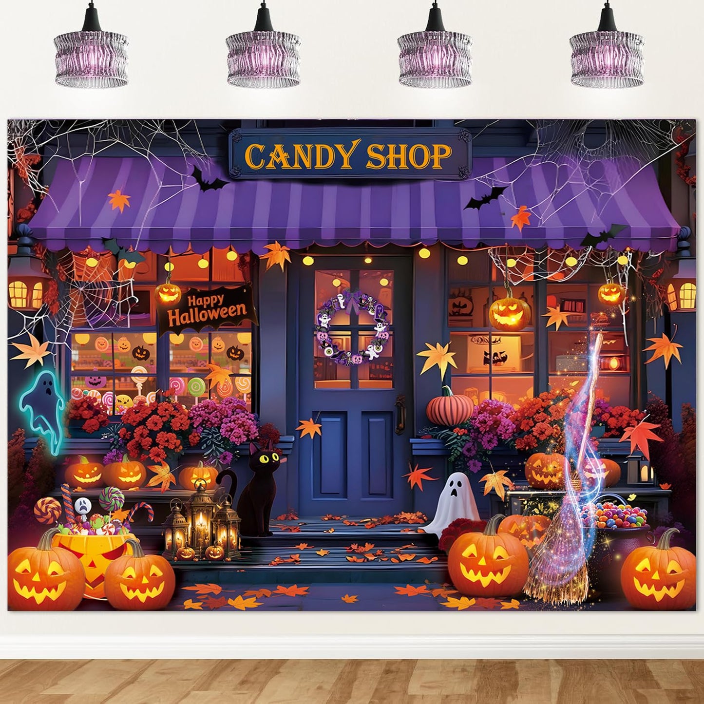 Halloween Candy Shop Backdrop Magic Witch Pumpkin Shop Maple Leaves Photography Background Halloween Pumpkin Lantern Night Theme Party Decorations Banner (8X6FT(94 x 70 inch))