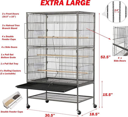 X-Large Sturdy Wrought Iron Breeding Flights Canary Parakeet Cockatiel African Grey Lovebird Finches Parrot Home Cage Double Large Front Doors 4 Side Doors Bottom Storage Shelf On Lockable Wheels