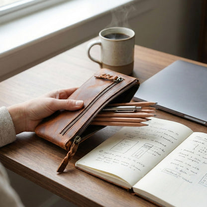 LEATHER TOWN Leather Pencil Case Pouch 8" x 4" - Leather Pen Case with Zipper (Brown)