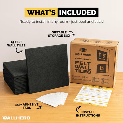 WALLHERO Vision Board - Large Cork Board for Walls 59" x 36", Black Bulletin Board | 15 Pack Felt Wall Tiles | Cork Boards for Office Pin Board Tack Board Cork Boards