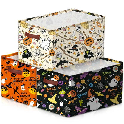 Boao 3 Pack Halloween Ghost Basket with Handles Collapsible Large Canvas Storage Baskets Boo Spooky Skull Pumpkin Cat Foldable Storage Bins Organizer Bins for Trick or Treat Gifts Bedroom Home Office