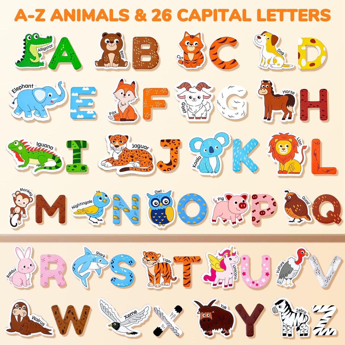 JoyCat Wooden Fridge Magnets for Toddlers – 26 Cute Animals & Uppercase Letters, Large Refrigerator ABC Alphabet Magnets Set for Kids, Preschool Learning Spelling Alphabet Gifts Toy for Ages 2+