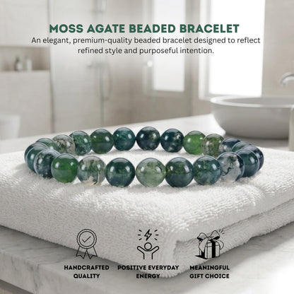 Cherry Tree Collection Moss Agate Beaded Bracelet – Genuine 8mm Gemstone Stretch Bracelet for Men & Women – Handmade Crystal Bracelet - (Moss Agate - M)