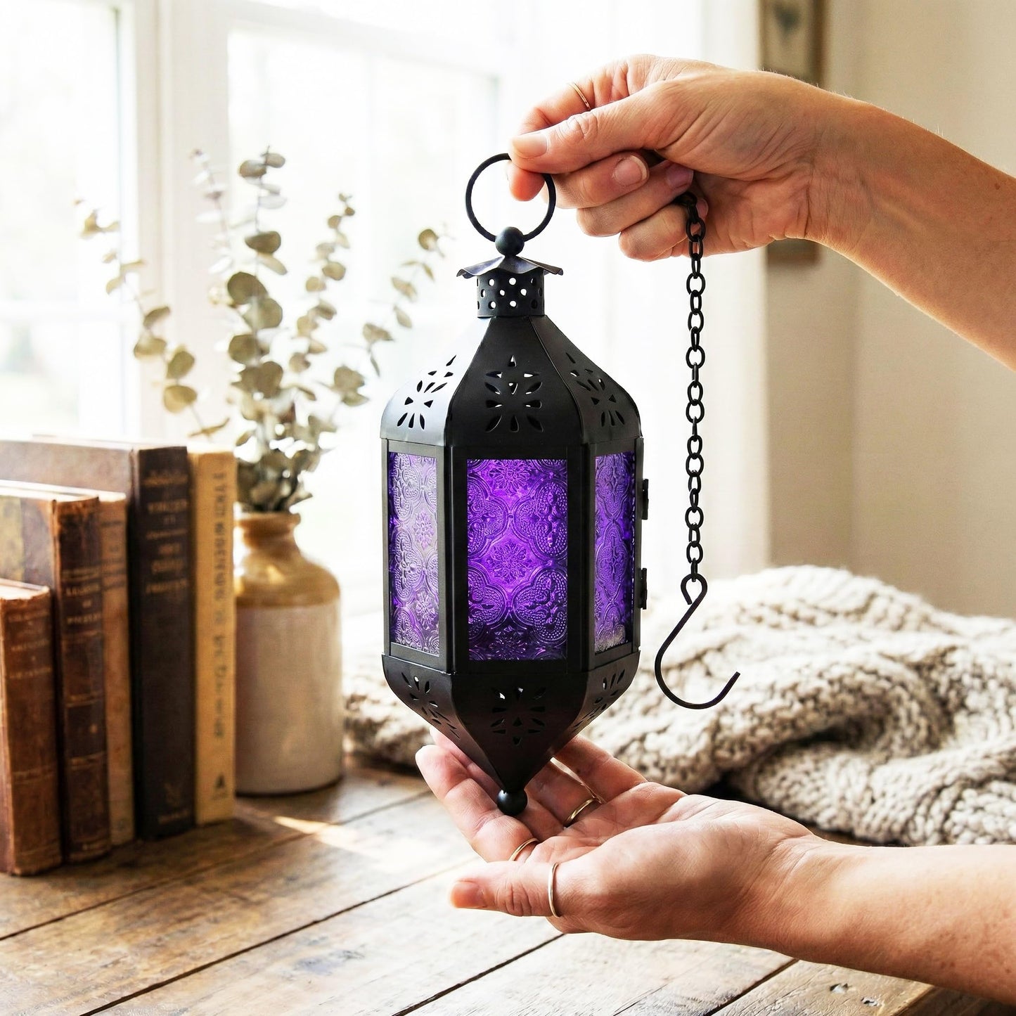 Vela Lanterns Decorative Indoor Moroccan Hanging Candle Holder, Purple, M