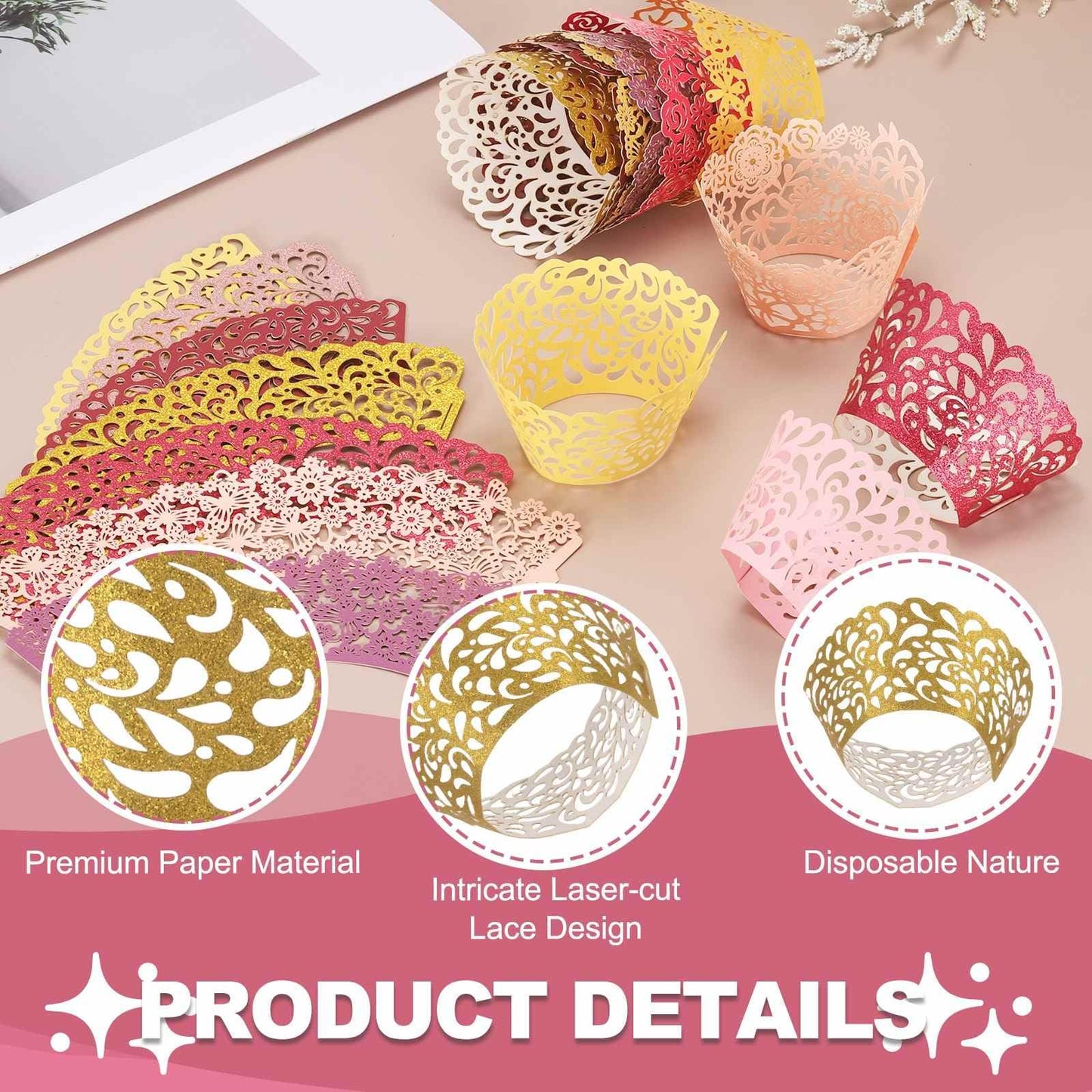 HARFINGTON 100 Pcs Lace Cupcake Liners Hollow Water Drop Designed Hollow Out Cupcake Wraps Artistic Bake Cake Paper Cups for Anniversary Birthday Weddings Parties, Yellow