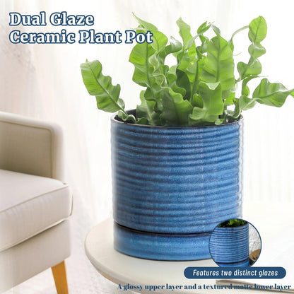 HASENSE Ceramic Plant Pot with Saucer, 6 Inch Planter for Indoor/Outdoor Plants with Drainage Hole,Blue Glazed Flower Pot for Succulents, Snake Plants & Cactus, Modern Farmhouse Decor & Gift
