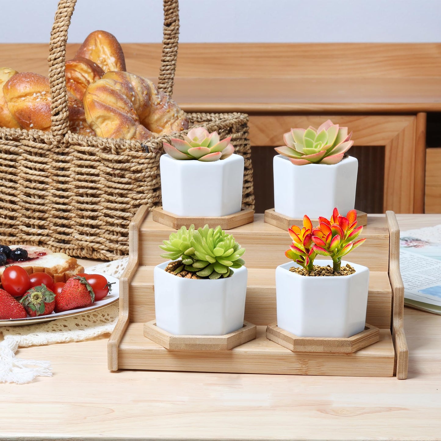 T4U Mini White Succulent Planter Pots with Bamboo Tray Hexagon Set of 12,Tiny Geometric Ceramic Cactus Plant Holder, Plant Gifts for Gardener Women Coworker, Home Office Table Desk Decoration