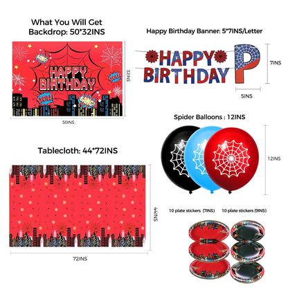 102 PCS Kids Spider Happy Birthday Party Decorations – All-in-One Party Kit with Banner, Backdrop,Tapes,Connectors, Balloons, Tablecloth, Cake Toppers, Hanging Swirls for Kids Friends Man and Woman