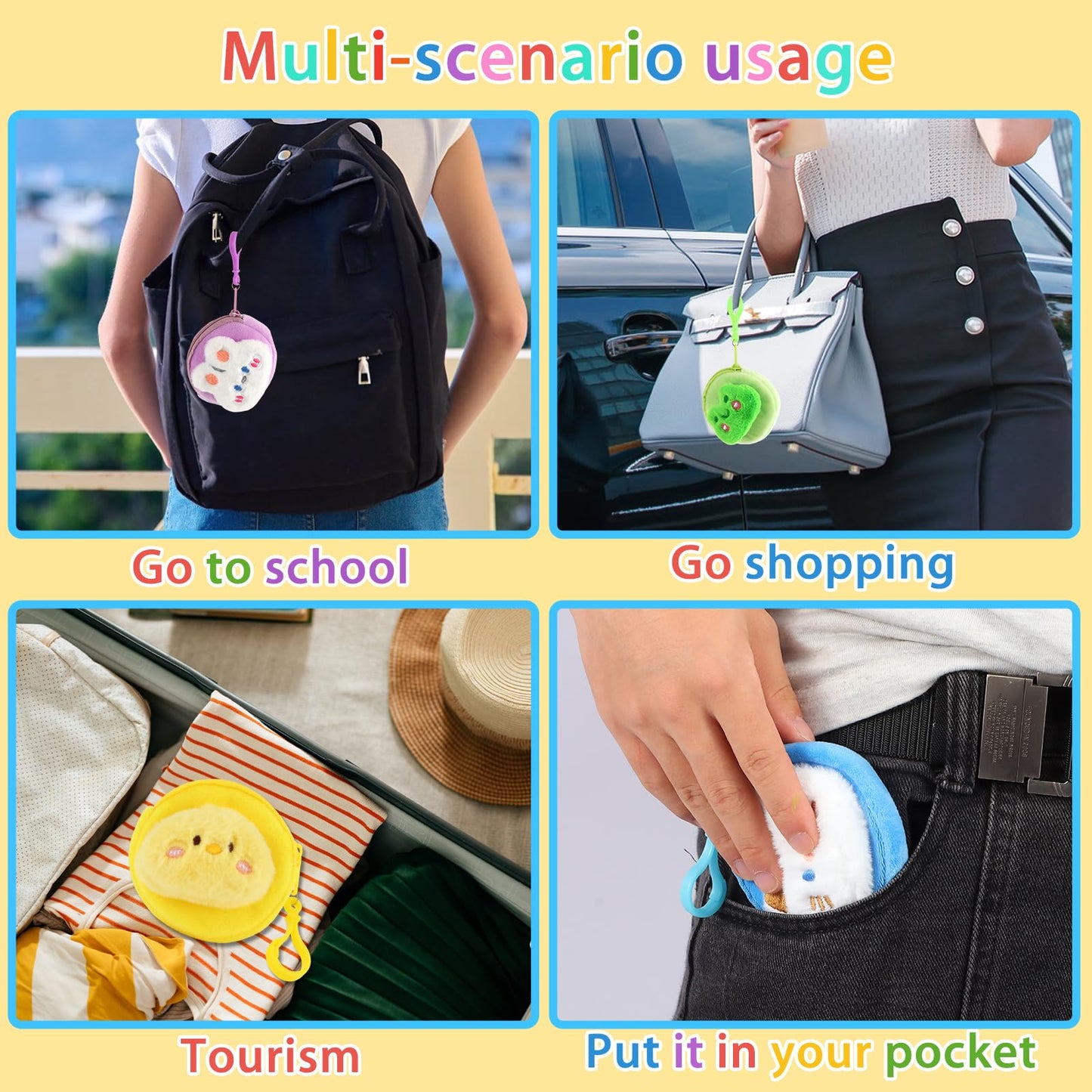 24 Pcs Cute Coin Purse for Women, Kawaii Plush Coin Pouch, Mini Wallet with Zipper Keychain, Small Change Purse for Women on Back to School Halloween Christmas Exchange Gifts