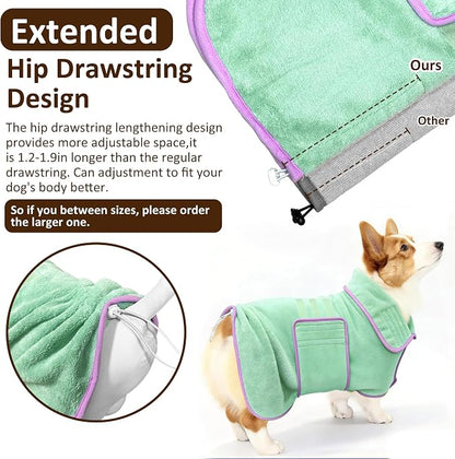 Soft Dog Bathrobe Fast Drying Dog Coat, Super Absorbent Dog Towels for After Bath, Microfiber Pet Robe Adjustable Collar & Belly Warm Keeping Dogs Coat for Pet Dogs & Cats (Green, 3X-Large)