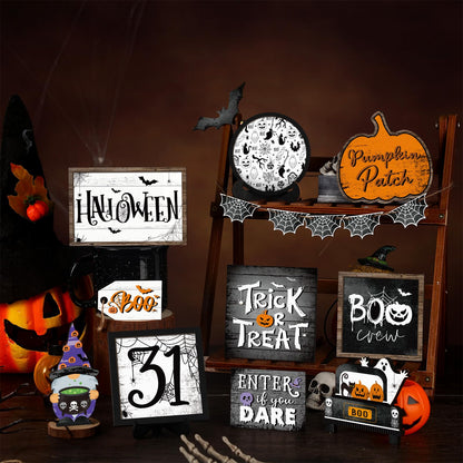 FairySandy 14 Pcs Halloween Tiered Tray Decorations Set Ghost Halloween Wooden Signs Rustic Farmhouse Pumpkin Boo Trick or Treat Blocks Table Sign Decorations for Home Party Favors