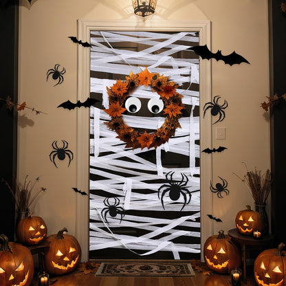 Engrowtic 78 Pcs Halloween Mummy Decorations Set with 3D Bat and Spider Stickers Wall Decor Self Adhesive Large Wiggle Eyes Crepe Paper and Masking Tape for Halloween Cosplay Party Door DIY Decor